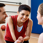 **Building Trust:** A friendly leisure sports instructor engaging with trainees, listening to their stories and dreams, creating a supportive and approachable atmosphere.