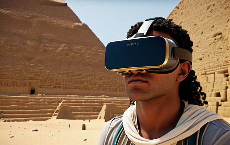 **
VR headset user exploring ancient Egyptian pyramids virtually. Focus on the immersive experience and educational aspect.
**